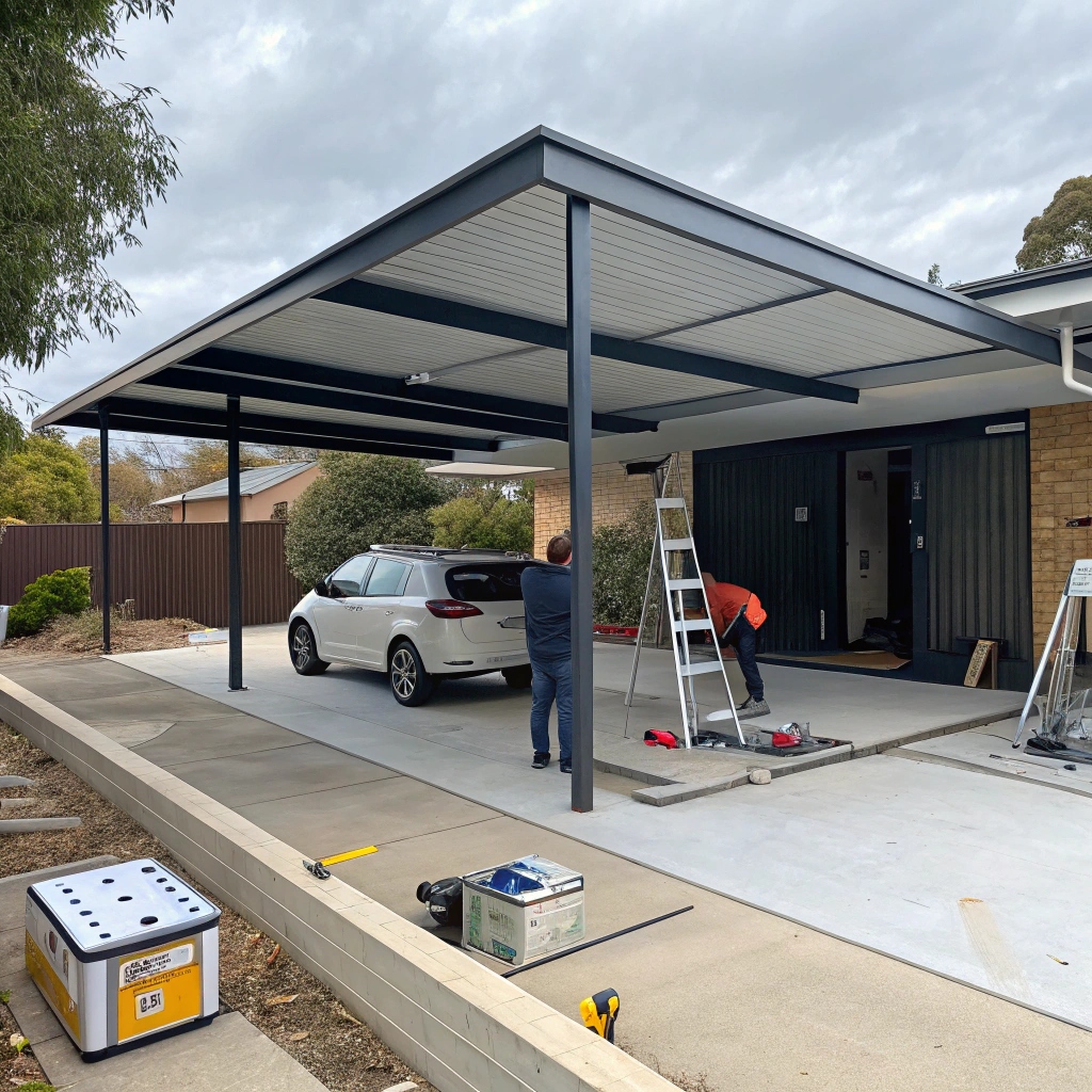 A partially completed carport being installed in ACT