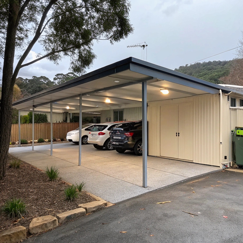 A mutli vehicle carport attached to a house