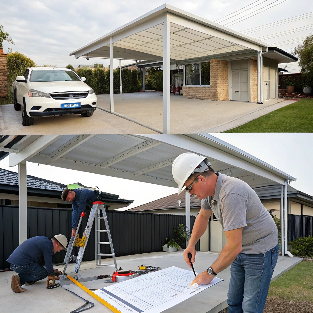 A photo showing the before and after in carport installation