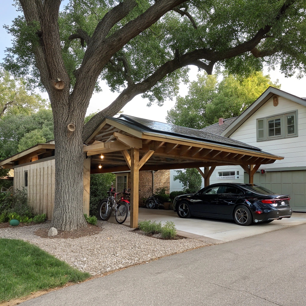 A timbe carport with pitched roof