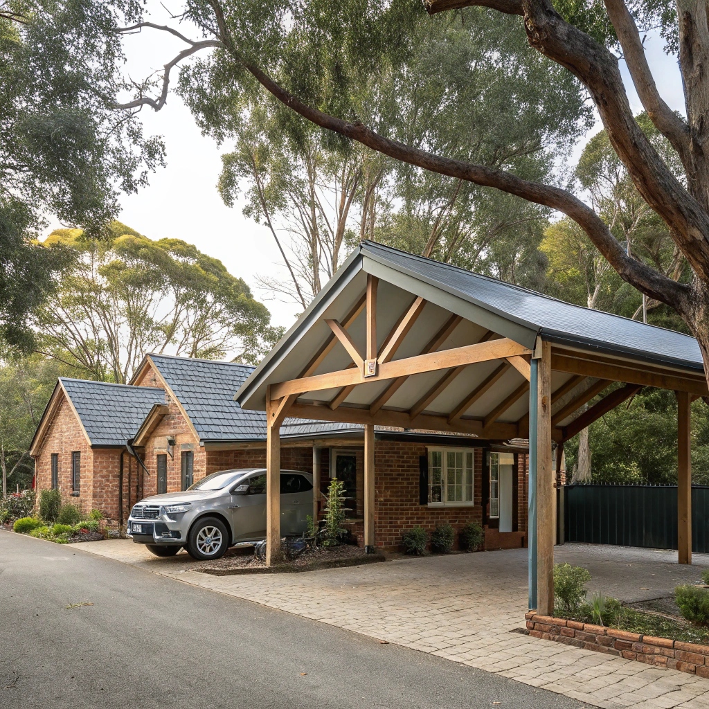 A timber carport close to a house